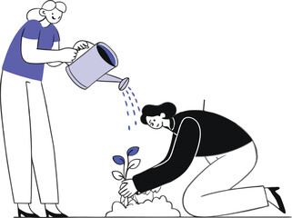 Illustration of two people nurturing a seedling vector graphic scalable eps icon white background