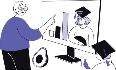 Modern vector illustration of a live online class with teacher presenting data white background