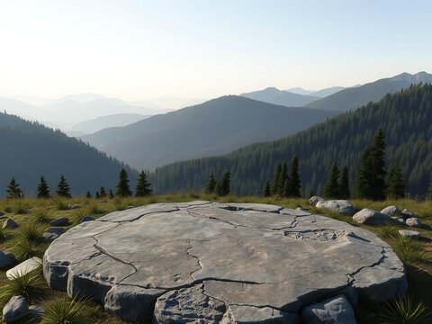 Large flat rock in foreground with layered mountain landscape in background