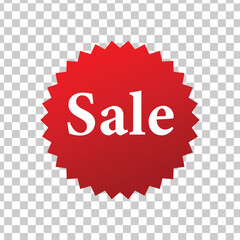 Bright red starburst sale tag with white text on transparent background