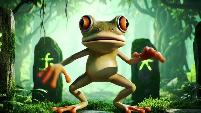 A closeup of a cartoon frog with large eyes, standing in a mystical forest setting with ancient stones, creating a sense of wonder and intrigue with detailed textures dancing frog