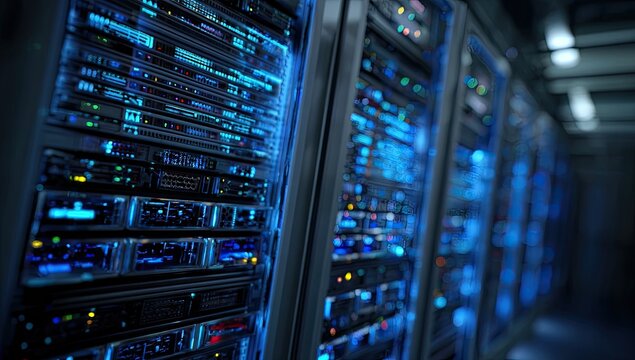 Server racks illuminated with blue light in a data center