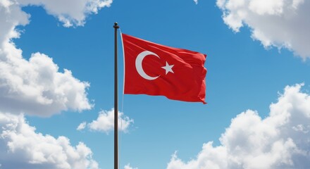 Turkish Flag's Grand Display: The national flag of Turkey flutters proudly against a backdrop of a vibrant blue sky dotted with fluffy clouds.  Symbolizing national pride and cultural heritage. 
