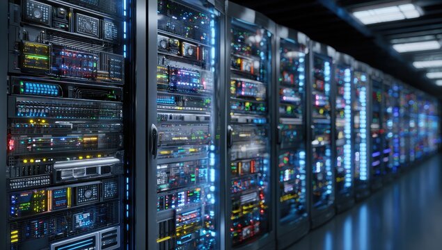 Server racks in a data center illuminated with blue light