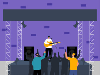 Male solo singer performs concert in city multipurpose hall. Concert illustration. Flat vector illustration concept.