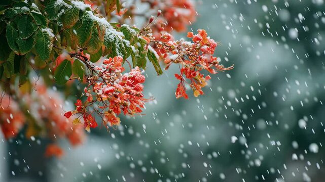 First snow falling gently on Flame tree