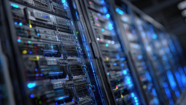 Close-up of server racks in a data center.  Glowing blue lights