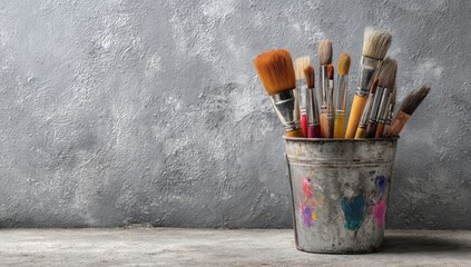 Paintbrushes in a tin can against a textured wall