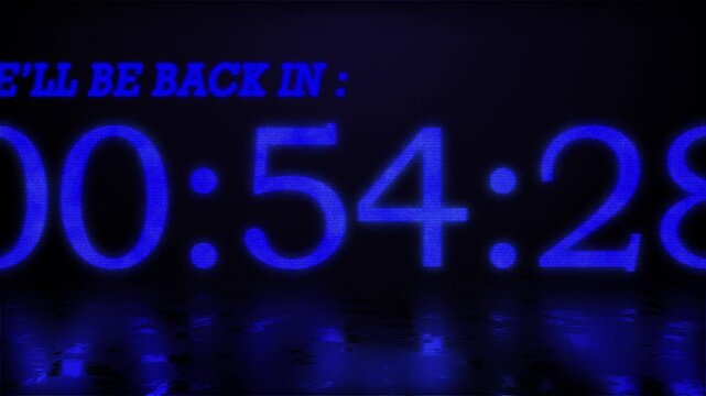 "WE'LL BE RIGHT BACK IN" Digital countdown clock timer in retro vintage 90s style . Blue text number on black background with reflective floor. Element for overlay concept. 4K footage motion video