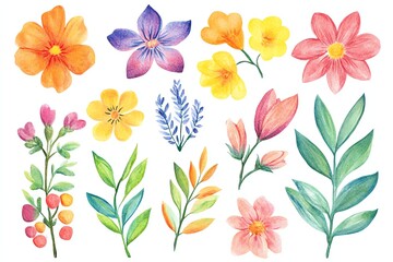 Flower crayon watercolor spring floral set Hand drawn pastel crayon flower