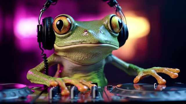 A cool frog dj with headphones spins records on turntables, bathed in vibrant neon lights, creating an electrifying and energetic atmosphere for a party dancing frog
