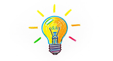 Colorful hand-drawn light bulb symbolizing a bright idea, creativity, and innovation, isolated transparent background.