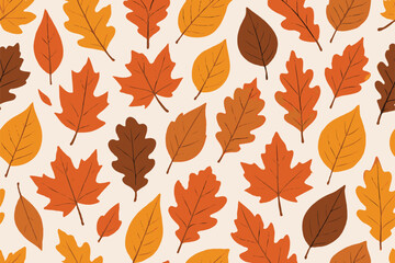 A repeated arrangement of different autumn leaves in vibrant warm hues, creating a seasonal pattern. Ideal for fall-themed designs, cozy backgrounds, and seasonal decorations.