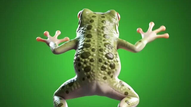 A spotted green frog with its back to the camera is standing against a green background, showcasing its unique pattern and texture in detail dancing frog