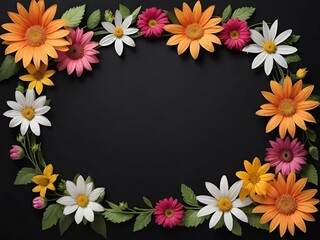 Fototapeta premium A vibrant oval frame of colorful daisy and gerbera flowers on a solid black background.