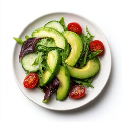 Fresh healthy salad with sliced cucumbers cherry tomatoes mixed leafy greens on white ceramic plate close-up
