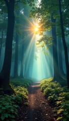 Obraz premium Enigmatic forest path disappearing into a mystical mist, ancient trees shrouded in ethereal light, sunlight filtering through leaves , scenic, mysterious, landscape