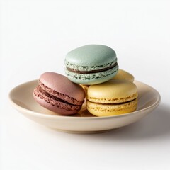 Obraz premium colorful macarons on a white plate with a clean background, showcasing delicate French pastries with smooth s and vibrant pastel colors, ideal for desserts or bakery themes