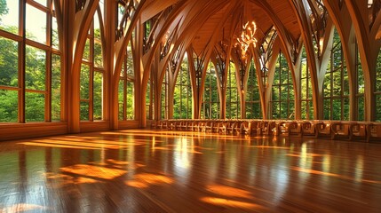 Obraz premium Elegant wooden interior bathed in sunlight, overlooking lush green trees through large windows. Spacious and serene