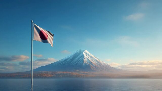 Japan National Flag with Fuji mountain: The iconic Japanese flag proudly waves in the wind against the breathtaking backdrop of majestic mountain.