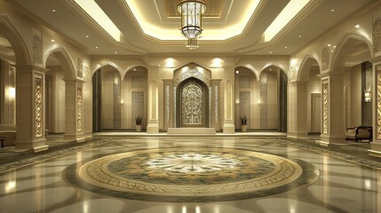 Opulent interior with arched entryways, marble floors, and intricate ceiling lighting; elegant details