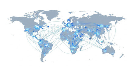 World map with interconnected blue lines representing global communication and data network on isolated transparent background.