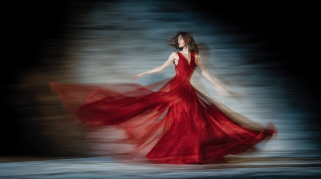 Elegant woman in flowing red gown, captured in graceful motion and blurring effect