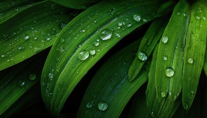 Obraz premium Close-up of vibrant green leaves with water droplets
