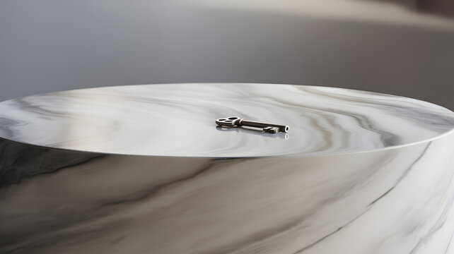 Key on Marble Surface: A single key rests elegantly atop a modern, minimalist marble surface, the cool light casting subtle shadows and accentuating the clean lines and textural details.