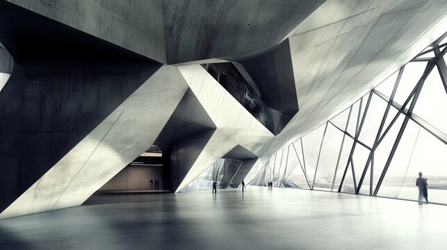 Modern concrete building with geometric angles, large windows, and figures. Brightly lit interior, futuristic design