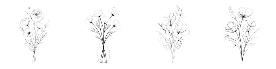 Elegant Floral Sketch Collection: Hand-Drawn Botanical Illustrations on White