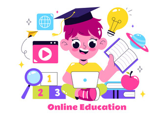 Online Education for Kids Vector Illustration featuring Knowledge Books, School Supplies, and Learning Materials in a Flat Style Cartoon Background