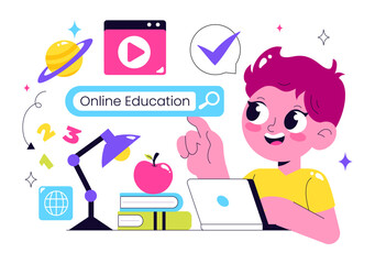 Online Education for Kids Vector Illustration featuring Knowledge Books, School Supplies, and Learning Materials in a Flat Style Cartoon Background