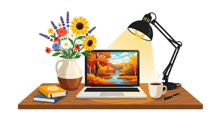 Cozy desktop workspace with a laptop displaying an autumn scene, books, flowers in a vase, and a desk lamp, creating a productive and comfortable environment.