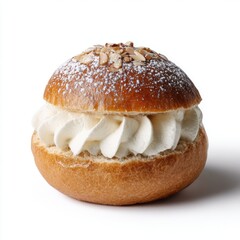 Cream-filled choux pastry with powdered sugar and almond flakes on top, close-up dessert photo showcasing a sweet filled pastry snack