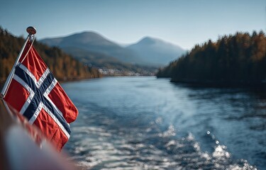 Fototapeta premium Norwegian flag on a boat, scenic river view
