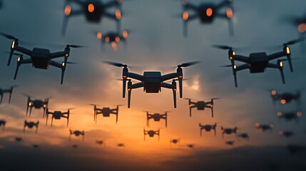 Low angle cinematic shot of drone swarm flying against dramatic cloudy sky, futuristic military atmosphere.
