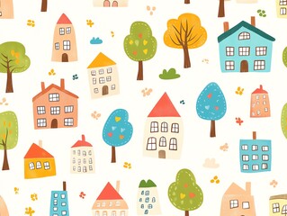 Seamless pattern of childish cartoon town, city with tree and building for fabric, wallpaper, background design Cute baby, child vector illustration