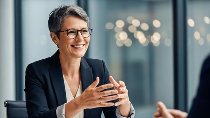 Confident businesswoman leads meeting with engaged team members
