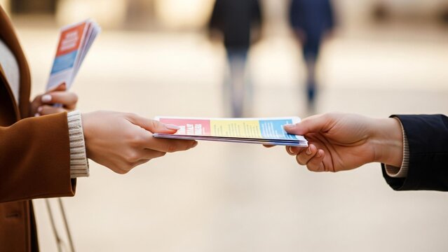 Handing out flyers outdoors, close-up marketing outreach