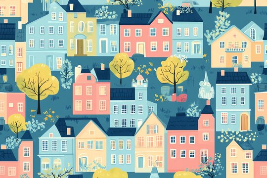 Seamless pattern of childish cartoon town, city with tree and building for fabric, wallpaper, background design Cute baby, child vector illustration