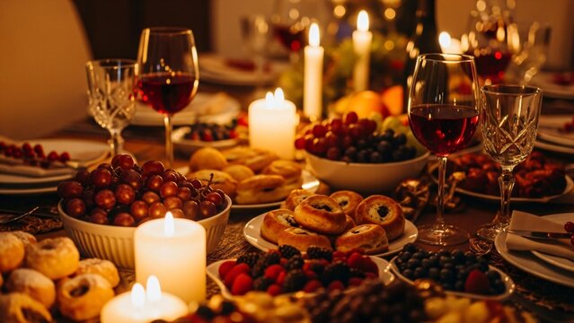 Cozy candlelit dinner with wine, fruit, and pastries