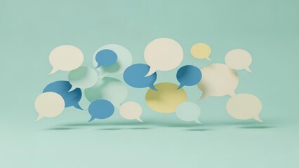 Diverse speech bubbles float, symbolizing communication