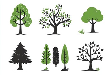Fototapeta premium Set of cartoon tree with hand drawn elements isolated Nature flat tree graphic design Simple silhouette style vector illustration