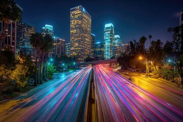 Fototapeta premium City lights blur across a highway at night