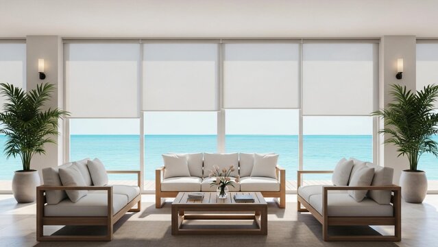 Relaxing modern living room with ocean view