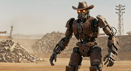 Rusty robot cowboy desert landscape
