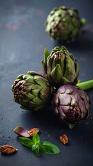 Obraz premium Fresh artichokes on dark background