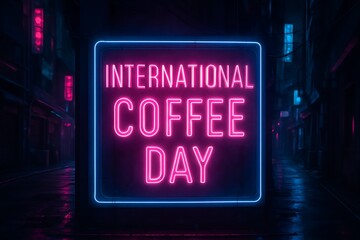 Neon style coffee appreciation day sign with pink purple lighting effects