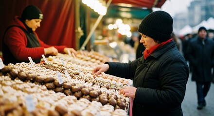 Woman selecting treats at a market stall with various baked goods.